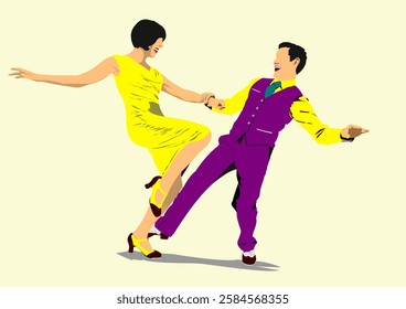 Lindy hop or boogie-woogie dance. Dance for boogie-woogie music. 3d vector hand drawn illustration