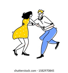 Lindy hop dance illustration. Couple in counterbalance, open position. Funny retro social party sign. Young dancing girl in yellow dress and man in blue jeans. Doodle vector line art.