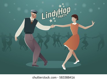 Lindy Hop Party. Young hipster couple dancing swing. Cartoon style