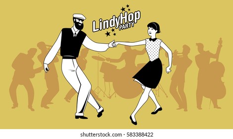 Lindy Hop Party. Young hipster couple dancing swing. Cartoon style