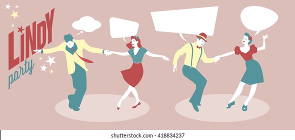 Lindy & Swing Party. Two young couples dancing swing or lindy hop