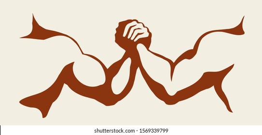 Line 2 human friend finger team compete win on white text space. Outline black ink hand drawn rival match vs meet logo pictogram emblem design in vintage art doodle cartoon print style. Closeup view