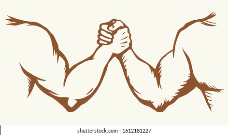 Line 2 human friend finger team compete win on white text space. Outline black ink hand drawn rival match vs meet logo pictogram emblem design in vintage art doodle cartoon print style. Closeup view