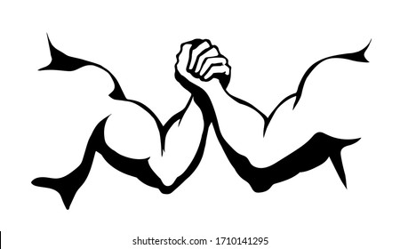 Line 2 human friend finger team compete win on white text space. Outline black ink hand drawn rival match vs meet logo pictogram emblem design in vintage art doodle cartoon print style. Closeup view