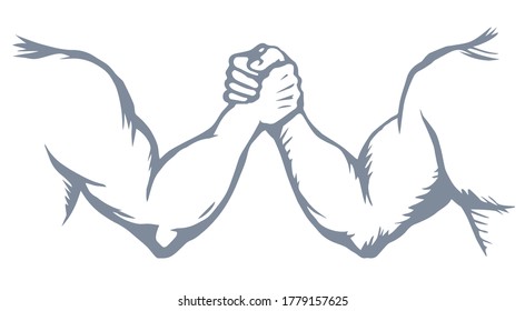 Line 2 human friend finger team compete win on white text space. Outline black ink hand drawn rival match vs meet logo pictogram emblem design in vintage art doodle cartoon print style. Closeup view