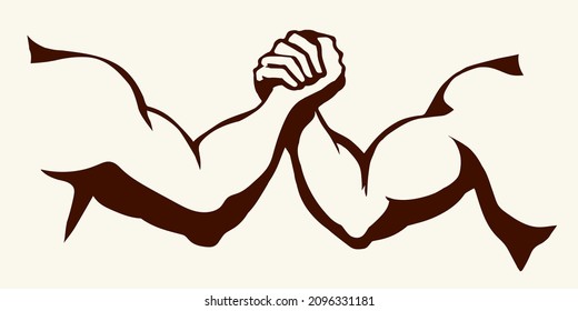 Line 2 human friend finger team compete win on white text space. Outline black ink hand drawn rival match vs meet logo pictogram emblem design in vintage art doodle cartoon print style. Closeup view