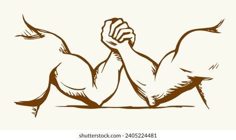 Line 2 human friend finger team compete win on white text space. Outline black ink hand drawn rival match vs meet logo pictogram emblem design in vintage art doodle cartoon print style. Closeup view