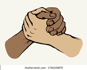 Line 2 strong power finger team compete win on white text space. Outline black drawn executive deal athlete muscle effort winner logo pictogram design concept in retro art cartoon style. Closeup view