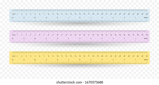 A line of 30 centimeters. Vector school, plastic insulated rulers with double side measuring inches and centimeters