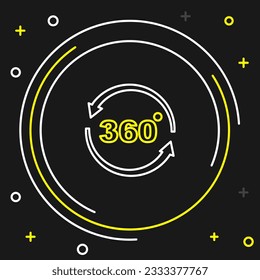 Icono de vista de línea de 360 grados aislado en fondo negro. Realidad virtual. Cámara angular de 360 grados. Foto de Panorama. Concepto de esquema colorido. Vector