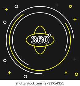 Linha 360 ícone de vista grau isolado no fundo preto. Realidade virtual. Câmera de ângulo de 360 graus. Foto panorâmica. Conceito de contorno colorido. Vetor