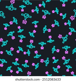 Line 3D printer house icon isolated seamless pattern on black background. 3d printing.  Vector