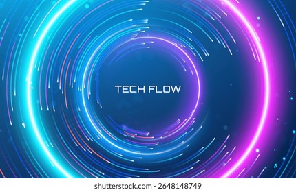 Line abstract background with circular tech pattern and digital data design. Vector circuit with neon spiral effect for AI, science, or online forum. Shiny curve layout with internet speed flow.