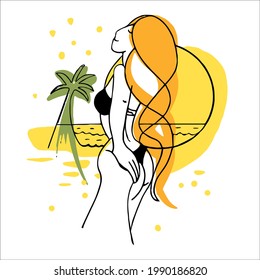 Dibujo abstracto de líneas de la mano de verano, la chica cautiva al tipo, tira la mano, conduce al océano, la palmera, el surf, el océano, el mar, las vacaciones, la paleta de verano.