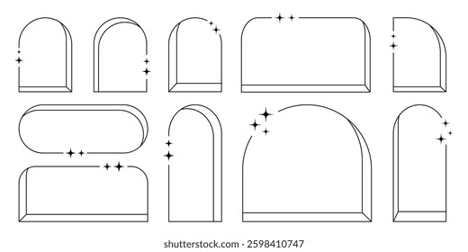 Line abstract frames, arch windows with blinks, decorative graphic elements and backgrounds. Vector sticker set, print, tattoo collection.