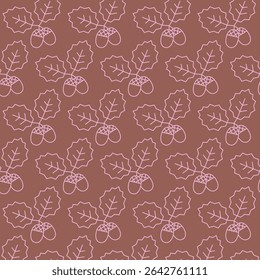 Line abstract geometric acorn with leaves vector seamless pattern. Cute autumn modern trendy background.