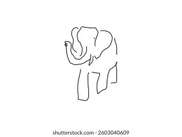line abstract illustration depicting people joyfully playing with an elephant in the water, set against the backdrop of a traditional Thai temple.
