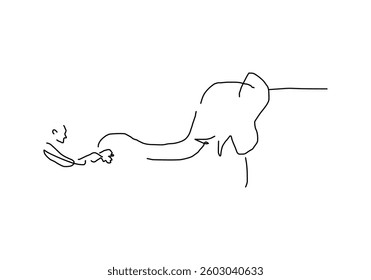 line abstract illustration depicting people joyfully playing with an elephant in the water, set against the backdrop of a traditional Thai temple.