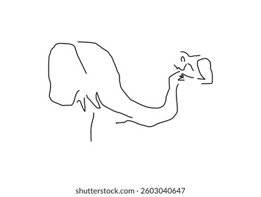 line abstract illustration depicting people joyfully playing with an elephant in the water, set against the backdrop of a traditional Thai temple.