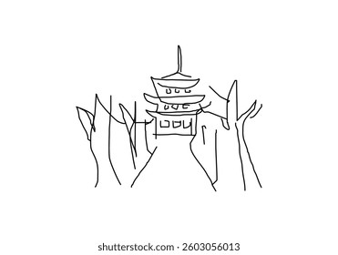 line abstract illustration of a Japanese landscape featuring a blooming tree and a traditional pagoda.