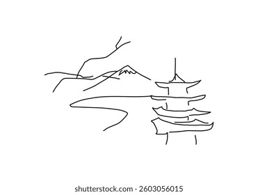 line abstract illustration of a Japanese landscape featuring a blooming tree and a traditional pagoda.