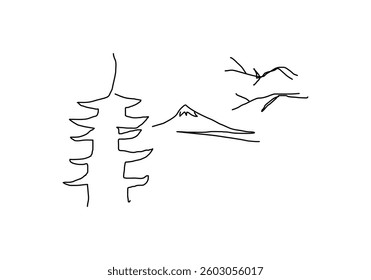 line abstract illustration of a Japanese landscape featuring a blooming tree and a traditional pagoda.