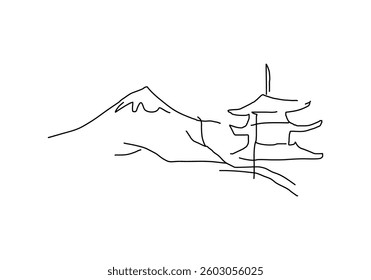 line abstract illustration of a Japanese landscape featuring a blooming tree and a traditional pagoda.