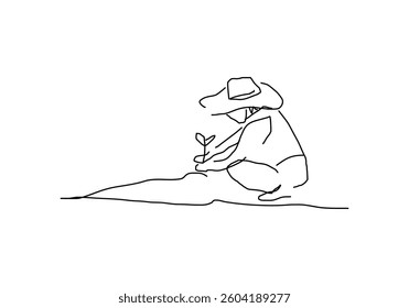 line abstract illustration of a person planting a tree