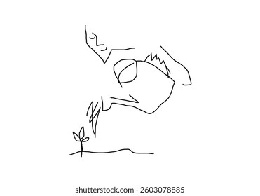 line abstract illustration of a person watering a plant, symbolizing growth, sustainability, and care for the environment, representing Earth Day’s