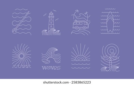 Line abstract ocean, sea, waves badge. Abstract simple vector surfing, sunrise, lighthouse icons for t shirt, textile, merch, logo template.