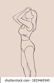 Line abstract woman vector woman. Contemporary art in linear style. Beauty fashion female figure in modern style. Summer vibes. Swimwear. Perfect for print, poster, social media, cards