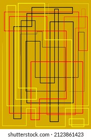 line abstraction, green background with yellow, red and black line
