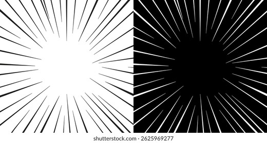Line action comic effect, explosive force, concentration line burst from center, motion effects, explosion speed in comics style on black and white background