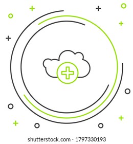 Linie Cloud hinzufügen Symbol einzeln auf weißem Hintergrund. Datenspeicherung in der Cloud. Farbiges Rahmenkonzept. Vektorgrafik
