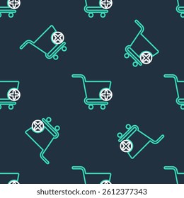 Line Add to Shopping cart icon isolated seamless pattern on black background. Online buying concept. Delivery service sign. Supermarket basket symbol.  Vector