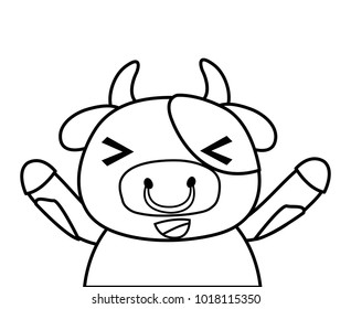 line adorable and cheerful cow wild animal