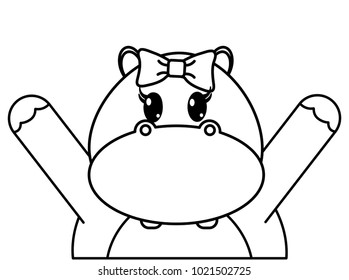 line adorable female hippopotamus animal with hands up