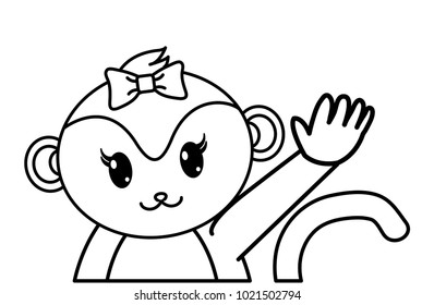 line adorable female monkey animal with hand up