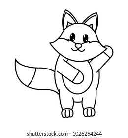 line adorable fox wild animal with hand up