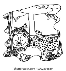 line adorable lion and leopard friends animals in the forest