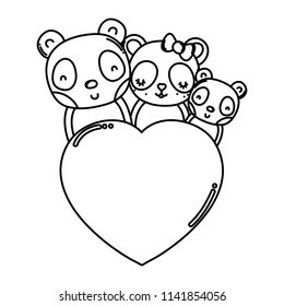 line adorable panda family together with heart