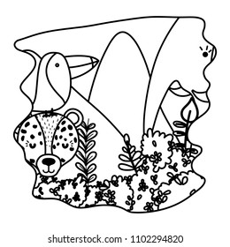 line adorable toucan with leopard and elephant in the forest