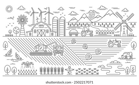 Line agriculture farm landscape, eco village plantation. Vector outline organic farm field with tractor harvesting crop plants, barn and windmill, vegetable garden and trees, road and wind turbines