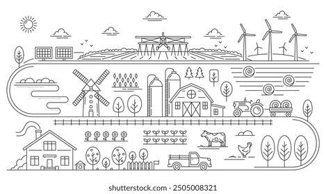 Line agriculture farm landscape or outline eco village of farmer field, vector background. Cattle farm line landscape with tractor, harvest and garden plants, agrarian farming windmill and grain barn