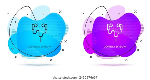 Line Air headphones icon icon isolated on white background. Holder wireless in case earphones garniture electronic gadget. Abstract banner with liquid shapes. Vector