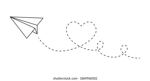 Line airplane dotted rout path. Romantic heart dashed trace paper plane flight route. Vector illustration