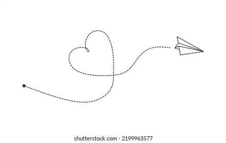 Line airplane dotted rout path. Romantic heart dashed trace paper plane flight route. Vector illustration
