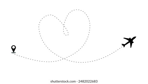 Line airplane flight heart shape,Romantic airlines, Aircraft tracking simple minimal, Black aircraft and black destination icon on white background