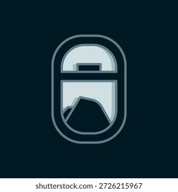 Icono de ventana de avión de línea aislado sobre fondo negro. Ojo de buey de avión. Estilo de contorno relleno plano con sombra. Vector
