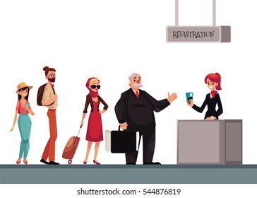 Line to airport check-in, passenger and baggage registration desk, cartoon vector illustration isolated on white background. People waiting for check in, luggage drop, baggage registration in airport